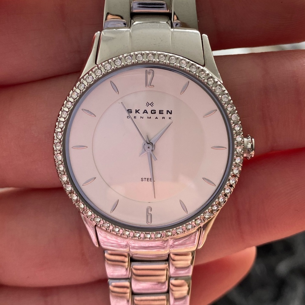 Skagen Womens Silver Dial Diamond Bezel Watch
